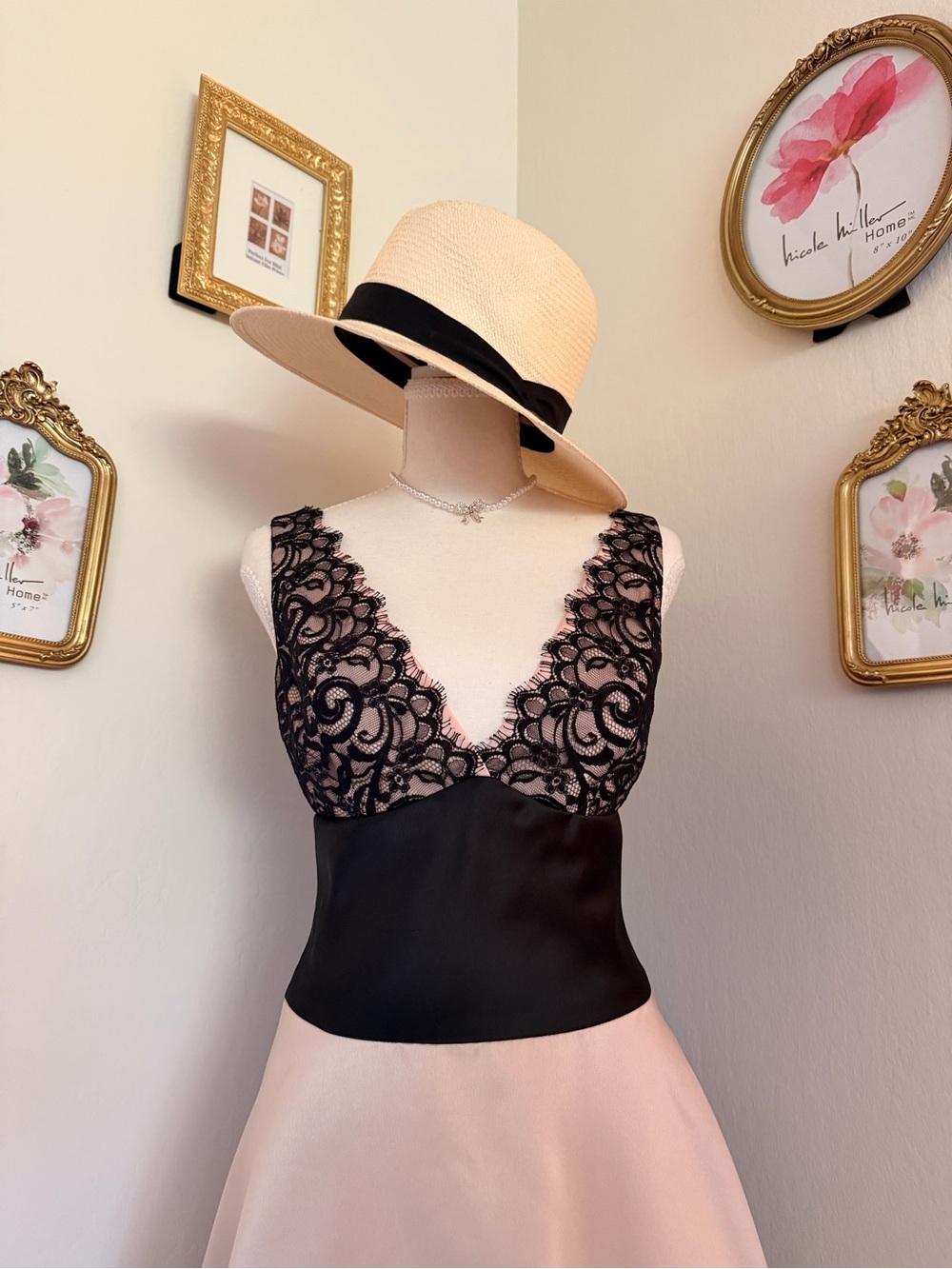 Laundry By Shelli Segal Black Lace Bodice Blush Midi Dress /Vintage - Picture 8 of 10